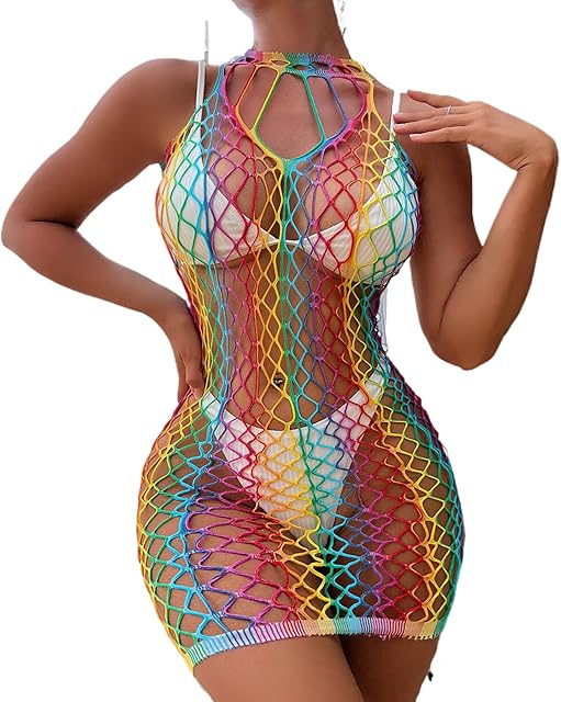 Women's Sexy Lingerie Fishnet Hollow Out Mini Dress See Through Elastic Bodysuit Beach Swimsuit Bikini Cover Up