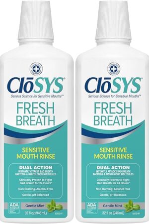CloSYS Sensitive Mouthwash, 32 Ounce, 2 Count, Gentle Mint, Alcohol Free, Dye Free, pH Balanced, Helps Soothe Mouth Sensitivity, Fights Bad Breath