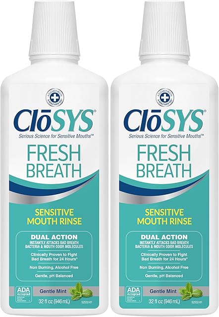 CloSYS Sensitive Mouthwash, 32 Ounce, 2 Count, Gentle Mint, Alcohol Free, Dye Free, pH Balanced, Helps Soothe Mouth Sensitivity, Fights Bad Breath