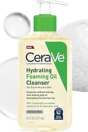 CeraVe Hydrating Foaming Oil Cleanser, Moisturizing Cleanser for Face & Body, Squalane Oil + Hyaluronic Acid + Ceramides, For Dry to Very Dry Skin, Fragrance Free & Residue Free, 8 FL Oz
