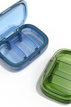 2 Pack 3 Compartment Small Pill Box, Moisture Proof Case, Travel Organizer for Pocket Purse, Daily Portable Medicine Vitamin Container, Fish Oil and Supplement Storage