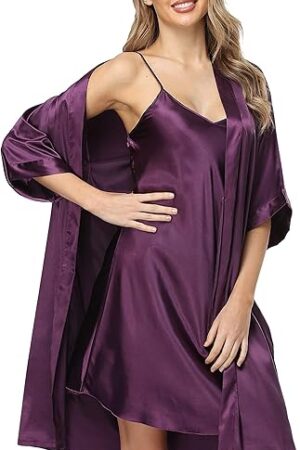 Women's Satin Robes Set with Nightgown Silk Kimono Pajamas 2 Piece Sleepwear Camisole Wedding Bride Gown Set