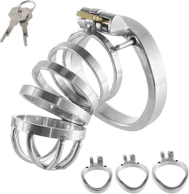 LEEWEDENG Male Chastity Cage,Big Metal Chastity Device Adult Sex Toys with 3 Size Rings and Invisible Lock,Lightweight Stainless Steel Bondage Gear Accessories for Men