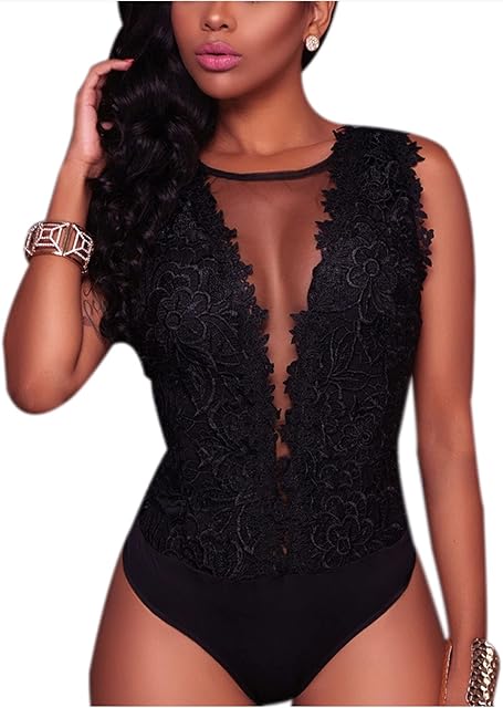 Women Sexy Lace Bodysuit Jumpsuit See Through Mesh Sleeveless Swimsuit Tops Skirt for Party Outfit