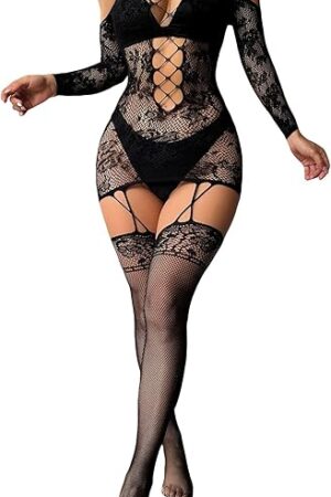 Women's Cut Out Halter Crisscross Sexy Mesh Bodystocking One Piece Lingerie