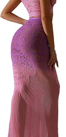 Women's 2 Pieces Lingerie Set Tie Dye Mesh Hollow Out Halter Crop Top and Fishtail Long Skirt