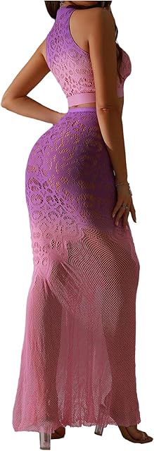 Women's 2 Pieces Lingerie Set Tie Dye Mesh Hollow Out Halter Crop Top and Fishtail Long Skirt