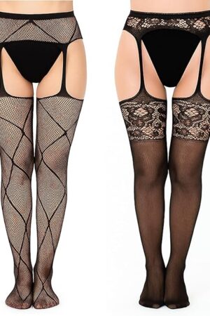 2Pcs Plus Size Thigh High Stockings with Mesh Fishnet, Sexy Black Lace Suspender Garter Belt Lingerie Stockings Pantyhose