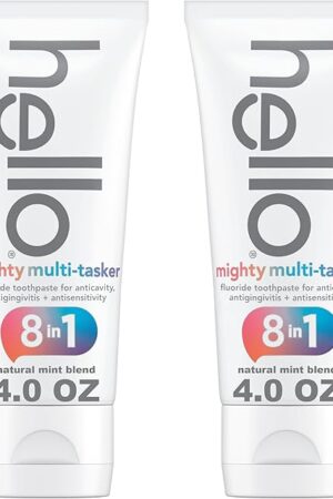 hello Mighty Multitasker Fluoride Toothpaste, 8-in-1 Toothpaste with Minty Flavor, Anticavity, Antigingivitis, Antisensitivity, Strengthens Enamel and Whitens, 2 Pack, 40 Oz Tubes