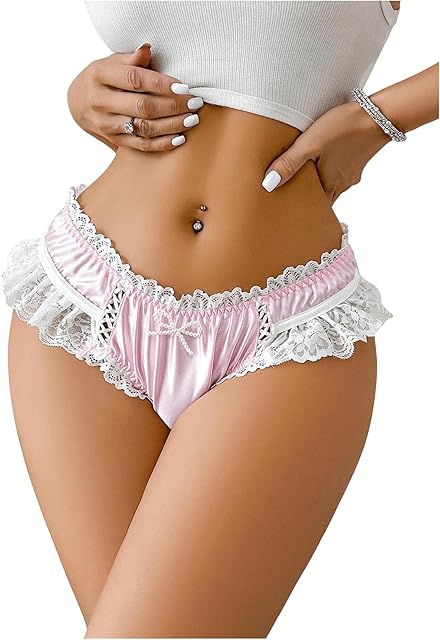 Women Sexy Lace Pearl Bow Satin Panties Low Rise Ruffle Cute Underwear