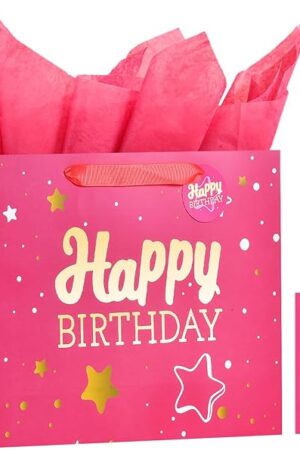 13" Pink Happy Birthday Gift Bag with Tissue Paper and Greeting Card for Party,Happy Birthday Gift Bag for Men Women,Gift Bags Medium size(1 PCS Pink Hot Stamping)