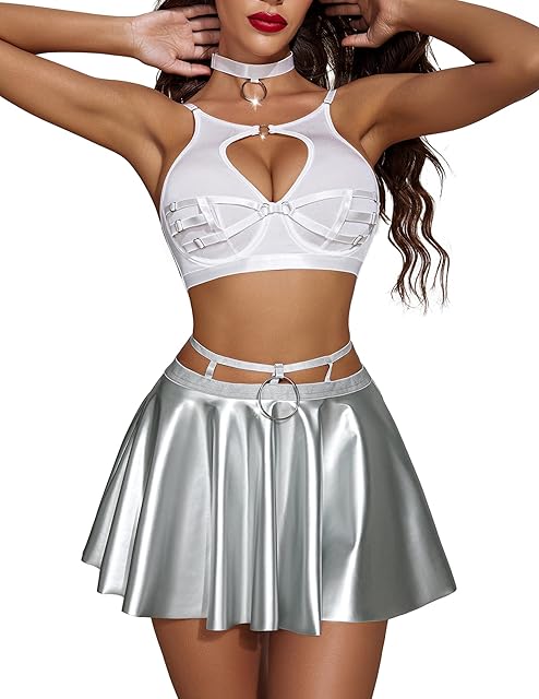 Women's Lingerie Set PU Leather Skirt High Waisted Costume Outfit with Choker