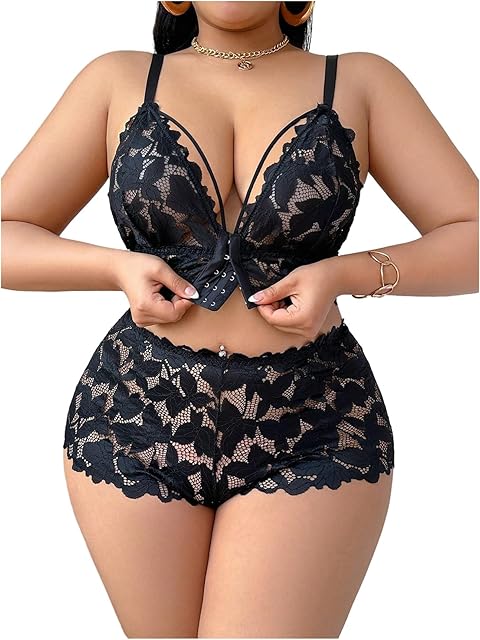 Women's Plus Size Lace Lingerie Set Front Closure Wireless Bra and Panty Underwear Sets