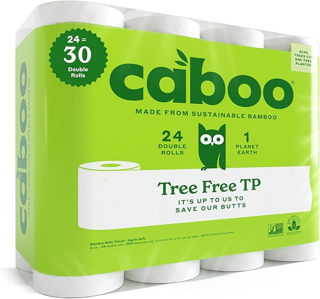 Caboo Tree Free Toilet Paper | Septic Safe, Non Toxic, Chemical Free Toilet Tissue | 2 Ply Bathroom Toilet Paper | Pack of 24 Double Rolls, 300 Sheets Per Roll