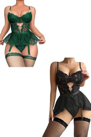 Womens Sexy Lace Lingerie Lace Teddy Bodysuit Babydoll Sexy Lingerie Bra and Panty Set Underwear Stockings