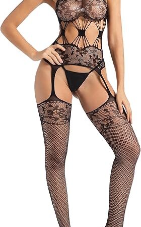 Women Fishnet Bodystocking Mesh Bodysuit Lingerie One Piece Babydoll Rave Outfits Bodycon Jumpsuit Black