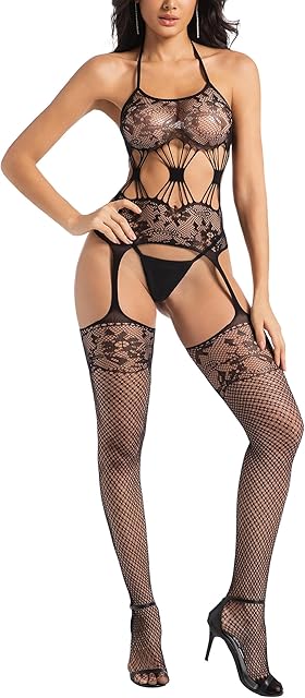 Women Fishnet Bodystocking Mesh Bodysuit Lingerie One Piece Babydoll Rave Outfits Bodycon Jumpsuit Black