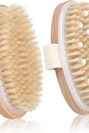 2 Pack Dry Brushing Body Brush, Natural Bristle Exfoliating Brush with Massage Nodes, for Lymphatic Drainage and Improving Skin Health and Reduces Acne