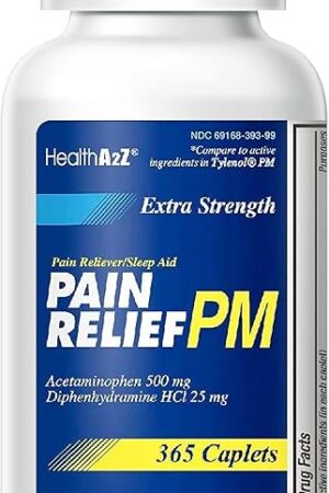 HealthA2Z? Extra Strength Pain Relief PM| Acetaminophen 500mg | Diphenhydramine 25mg | Pain Reliever & Nighttime Sleep Aid | (365 Count (Pack of 1))