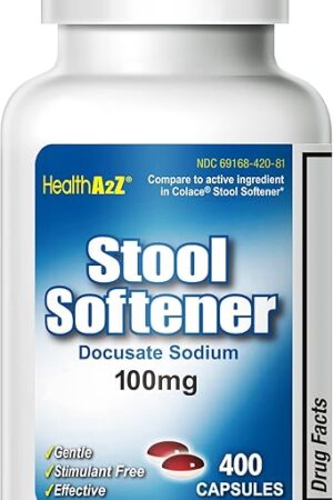 HealthA2Z? Stool Softener | Docusate Sodium 100mg | Red & White Capsules | Dependable | Gentle Constipation Relief (400 Counts)