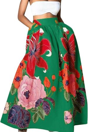 Women's Boho Floral Printed Maxi Skirt Summer Beach High Waisted Mopping Floor Length A Line Long Skirts with Pockets