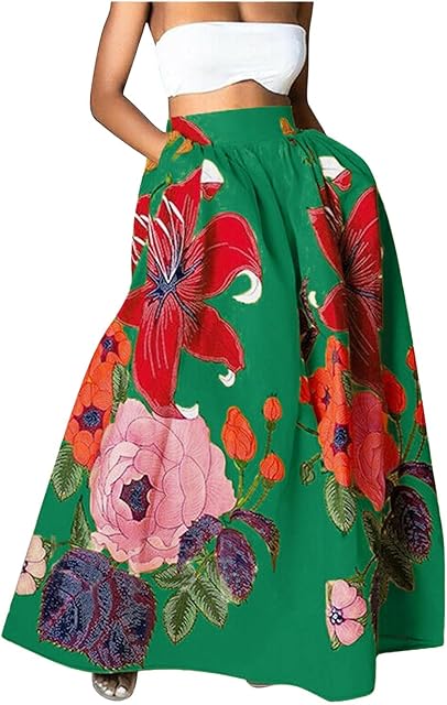 Women's Boho Floral Printed Maxi Skirt Summer Beach High Waisted Mopping Floor Length A Line Long Skirts with Pockets