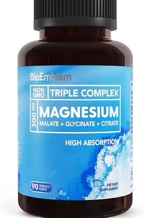 BioEmblem Triple Magnesium Complex | 300mg of Magnesium Glycinate, Malate, & Citrate for Muscles, Nerves, & Energy | High Absorption | Vegan, Non-GMO | 90 Capsules