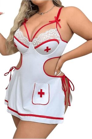 Women's Plus Size 3 Piece Babydoll Lingerie Set Nurse Roleplay Costume Side Tie Lace Cutout Nightdress