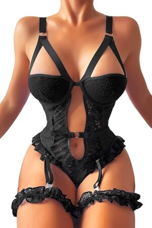 Women's Sexy Underwire 2 Piece Lingerie Floral Lace Teddy V Neck Push UP Bra and Garter