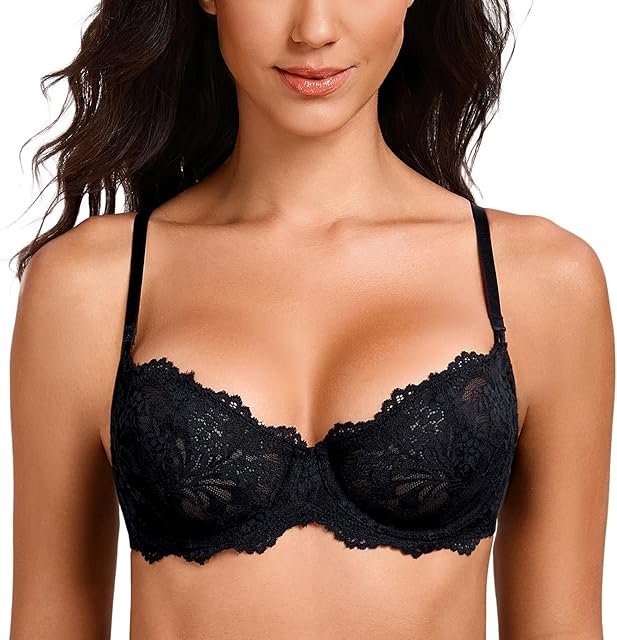 Women's Sexy Lace Push Up Plus Size Sheer Balconette Underwire Unlined Bra