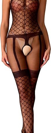 Womens Sexy Fishnet Bodycon Tights Jumpsuit Lingerie Stretchy Halter Bodysuit Mesh Bobystocking