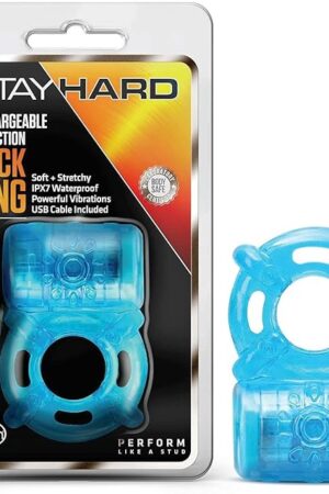 Blush Novelties Stay Hard - USB Rechargeable 5 Function Vibrating Cock Ring - Stretchy - IPX7 Fully Submersible Waterproof - Last Longer - Harder Erections - Sex Enhancing Couples Toy for Men - Blue