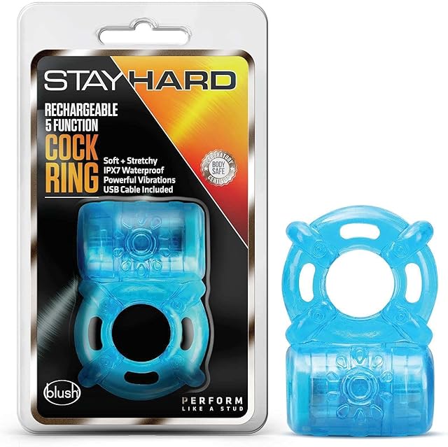 Blush Novelties Stay Hard - USB Rechargeable 5 Function Vibrating Cock Ring - Stretchy - IPX7 Fully Submersible Waterproof - Last Longer - Harder Erections - Sex Enhancing Couples Toy for Men - Blue