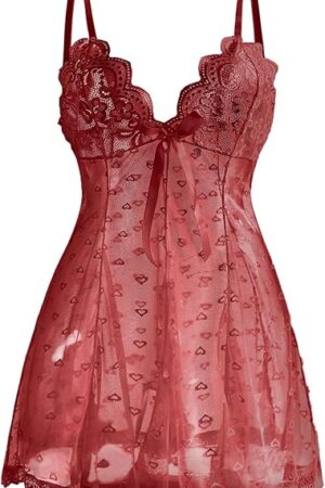 Women's Sheer Lace Babydoll Nightgown, Heart Print, Black, Floral Trim,S-5XL