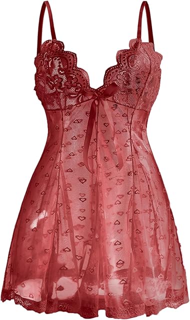 Women's Sheer Lace Babydoll Nightgown, Heart Print, Black, Floral Trim,S-5XL