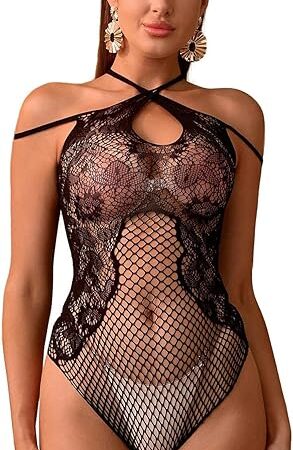 Women's Floral Lace Fishnet Teddy Halter Bodysuit Babydoll Mesh Lingerie Sexy Shapewear Top Leotard Clubwear
