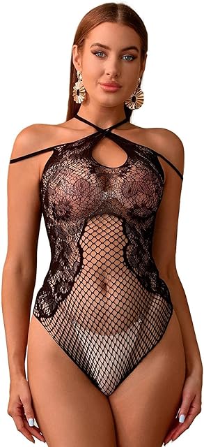 Women's Floral Lace Fishnet Teddy Halter Bodysuit Babydoll Mesh Lingerie Sexy Shapewear Top Leotard Clubwear