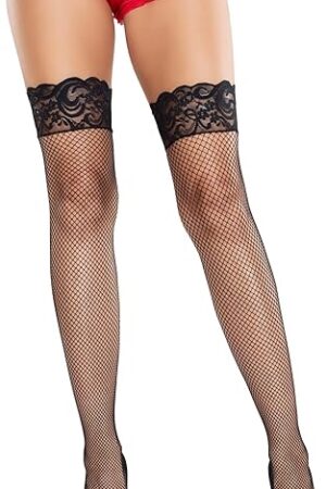 Womens Back Seam Thigh High Stockings for Women Sexy Fishnets with Stay-Up Lace Top