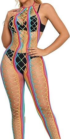 Women Rainbow Fishnet Bodystocking Plus Size Fishnet Lingerie Crotchless Bodystocking XS-5XL Beach Cover up Rave Outfits