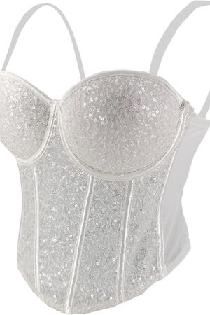 Women's Sexy Sequin Sheer Mesh Bustier Corset Tops White