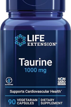 Life Extension Taurine, Pure Taurine Amino Acid Supplement, Heart, Liver and Brain Health, Longevity, Muscle and Exercise, 1000 mg dose, Non-GMO, Gluten-Free, Vegetarian, 90 Vegetarian Capsules