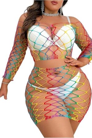 Women's Plus Size 2 Piece Lingerie Set Cut Out Fishnet Underwear Long Sleeve Top and Mini Skirt Sets