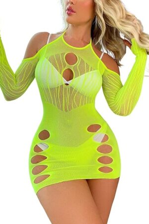 Women's Mesh Cut-Out Bodycon Dress Fishnet Halter Slips Lingerie Bodysuit Mini Dress Club Wear Party Dress Out Fits