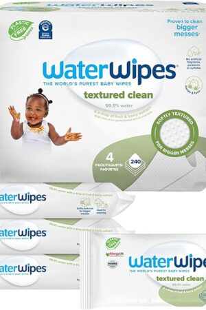 WaterWipes Plastic-Free Textured Clean, Toddler & Baby Wipes, 999% Water Based Wipes, Unscented & Hypoallergenic for Sensitive Skin, 60 Count (Pack of 4), Packaging May Vary