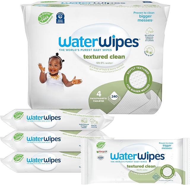WaterWipes Plastic-Free Textured Clean, Toddler & Baby Wipes, 999% Water Based Wipes, Unscented & Hypoallergenic for Sensitive Skin, 60 Count (Pack of 4), Packaging May Vary
