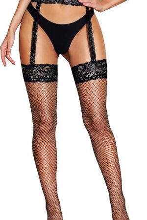Fishnet Stockings for Women - Sexy Thigh High Fishnets High Waist Garter Belt Silicone Suspender Pantyhose
