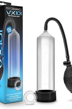 Blush Performance VX101 Penis Pump for Men 9" Cylinder - Beginner Male Enhancement Pump w/Strong Suction Ball, Soft Comfort Sleeve, Stay Hard Ring, Body-Safe, Men's Cock Enlargement Device - (Clear)
