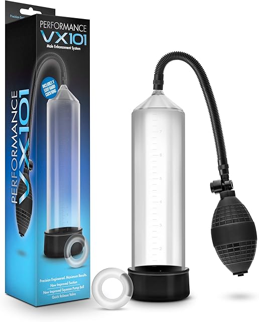 Blush Performance VX101 Penis Pump for Men 9" Cylinder - Beginner Male Enhancement Pump w/Strong Suction Ball, Soft Comfort Sleeve, Stay Hard Ring, Body-Safe, Men's Cock Enlargement Device - (Clear)