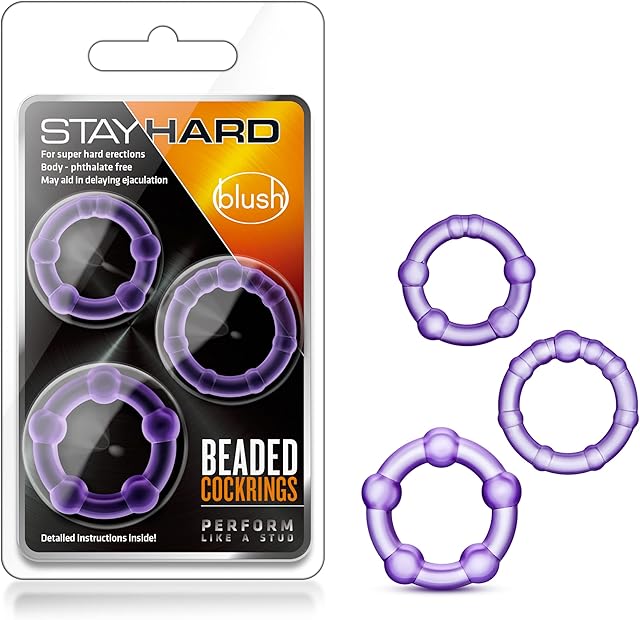 Blush Novelties Genuine Stay Hard Beaded Cock Rings in 3 Sizes - Soft, Super Stretchy - Increase Stamina - Longer, Harder, Bigger Thick Erections - Add Girth - Male Enhancement Men, Couples - Purple