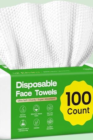 Elvira 100 Count Disposable Face Towels, Biodegradable Facial Cleansing Towels, Ultra Soft & Thick Cloth for Sensitive Skin, Makeup Remover Dry Wipes, Lint-Free Towelettes for Cleansing